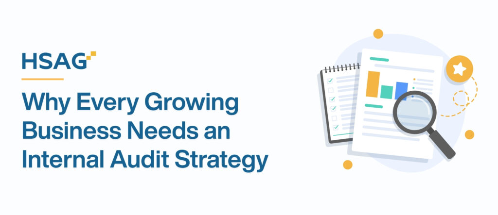 Internal audit strategy illustration showing reports, checklist, and risk review for growing businesses