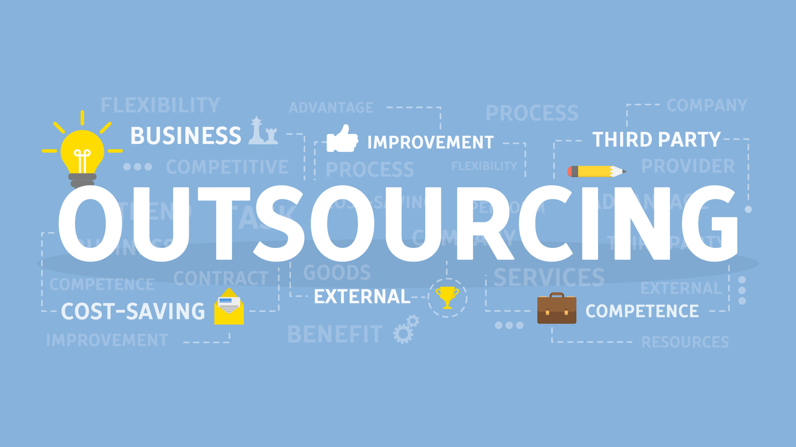 Outsourcing services concept illustrating business process outsourcing, cost savings, operational efficiency, third-party expertise, and process improvement for growing businesses.